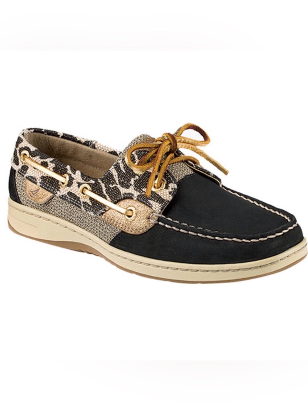 Sperry Black and Gold Leopard-Accent Moccasin Boat Shoe